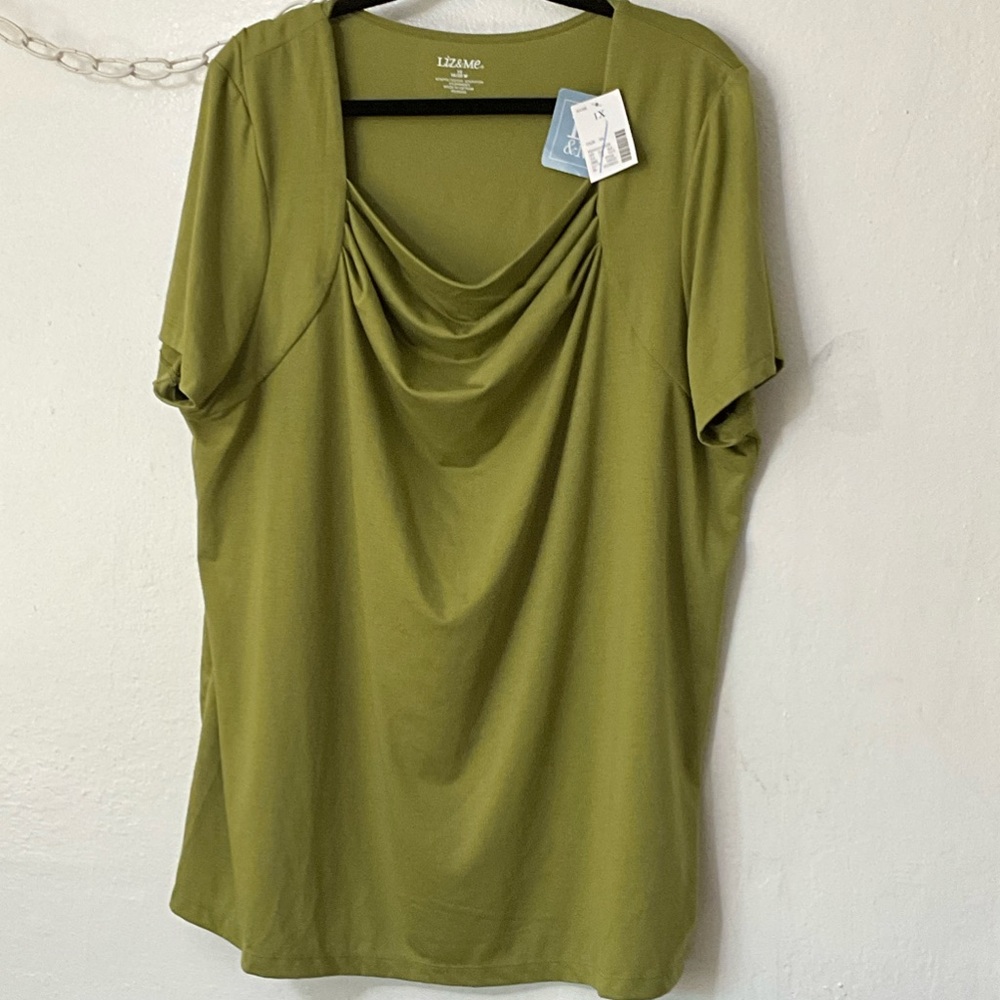 Liz Claiborne Olive Green Short-Sleeve Draped Scoop Neck Top